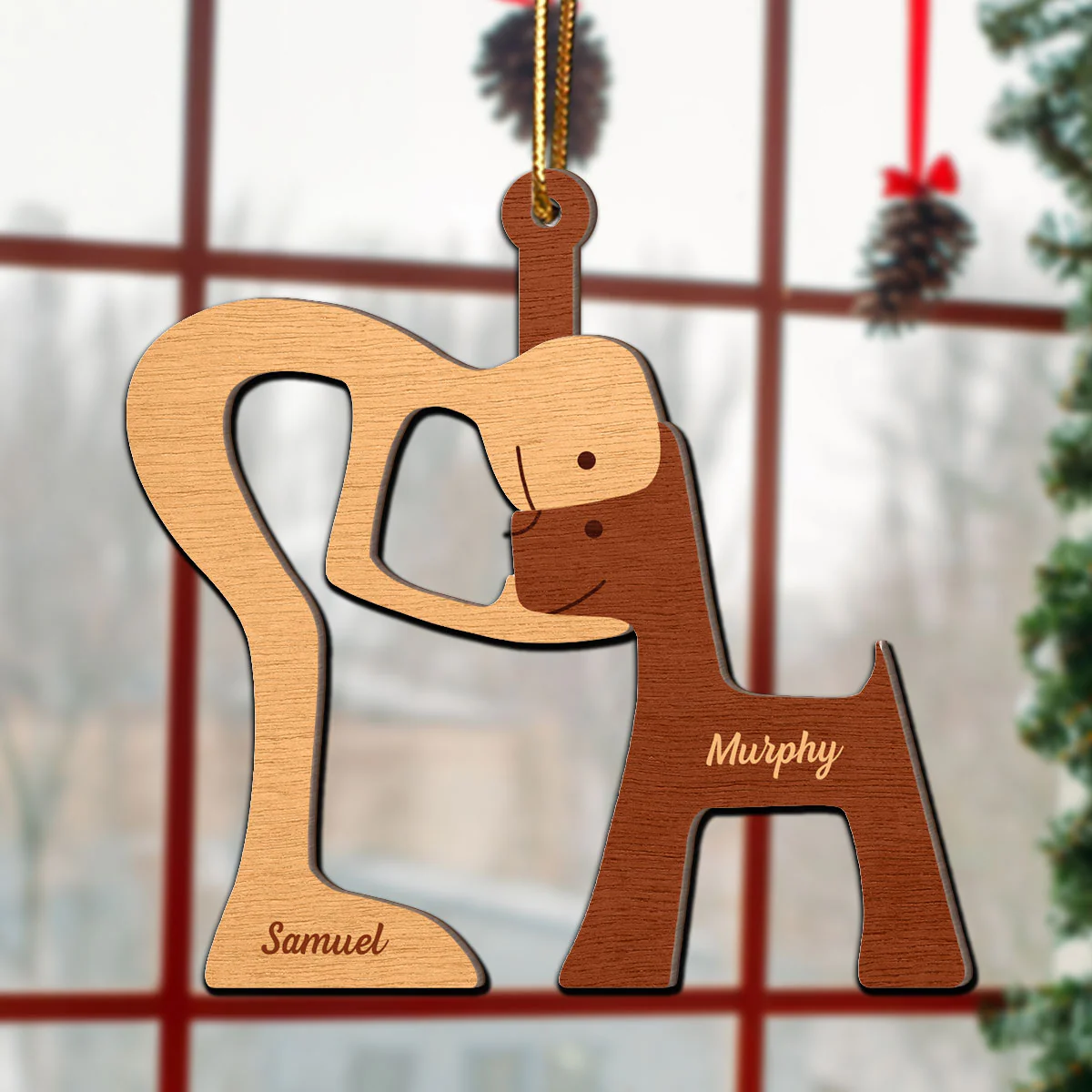 Man Woman And Dog Cat Illustration Personalized 2-Layer Wooden Ornament, Christmas Gift For Dog Lovers, Cat Lovers - Image 5