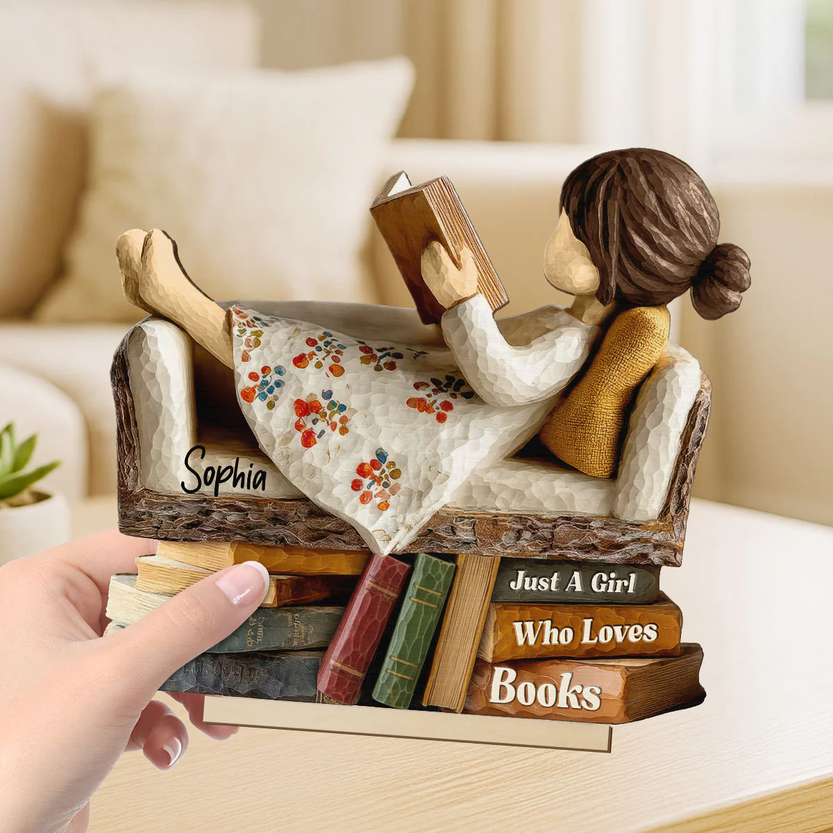 Man Woman Book Lover Reading Book On Sofa 3D Effect - Personalized Wooden Plaque - Image 5