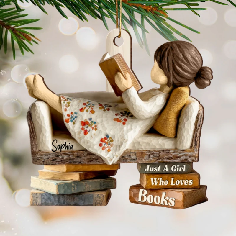 Book Lover Reading Book On Sofa 3D Effect - Personalized Wooden Ornament - Christmas Gift For Book Lover, Bookworm