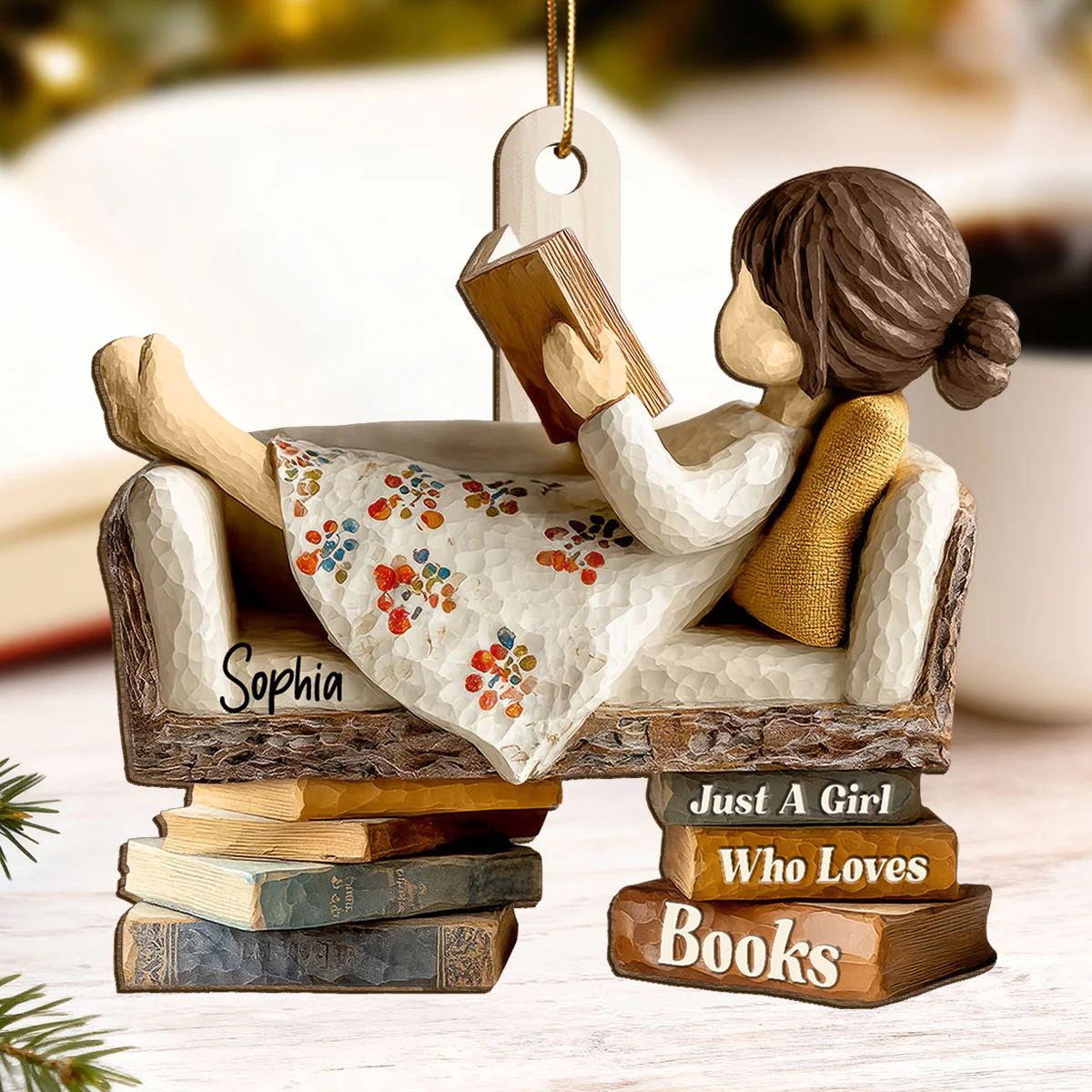 Book Lover Reading Book On Sofa 3D Effect - Personalized Wooden Ornament - Christmas Gift For Book Lover, Bookworm - Image 6