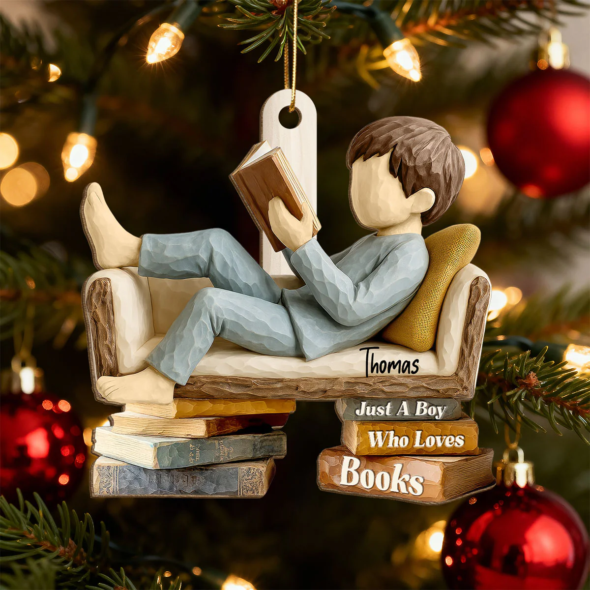 Book Lover Reading Book On Sofa 3D Effect - Personalized Wooden Ornament - Christmas Gift For Book Lover, Bookworm - Image 8