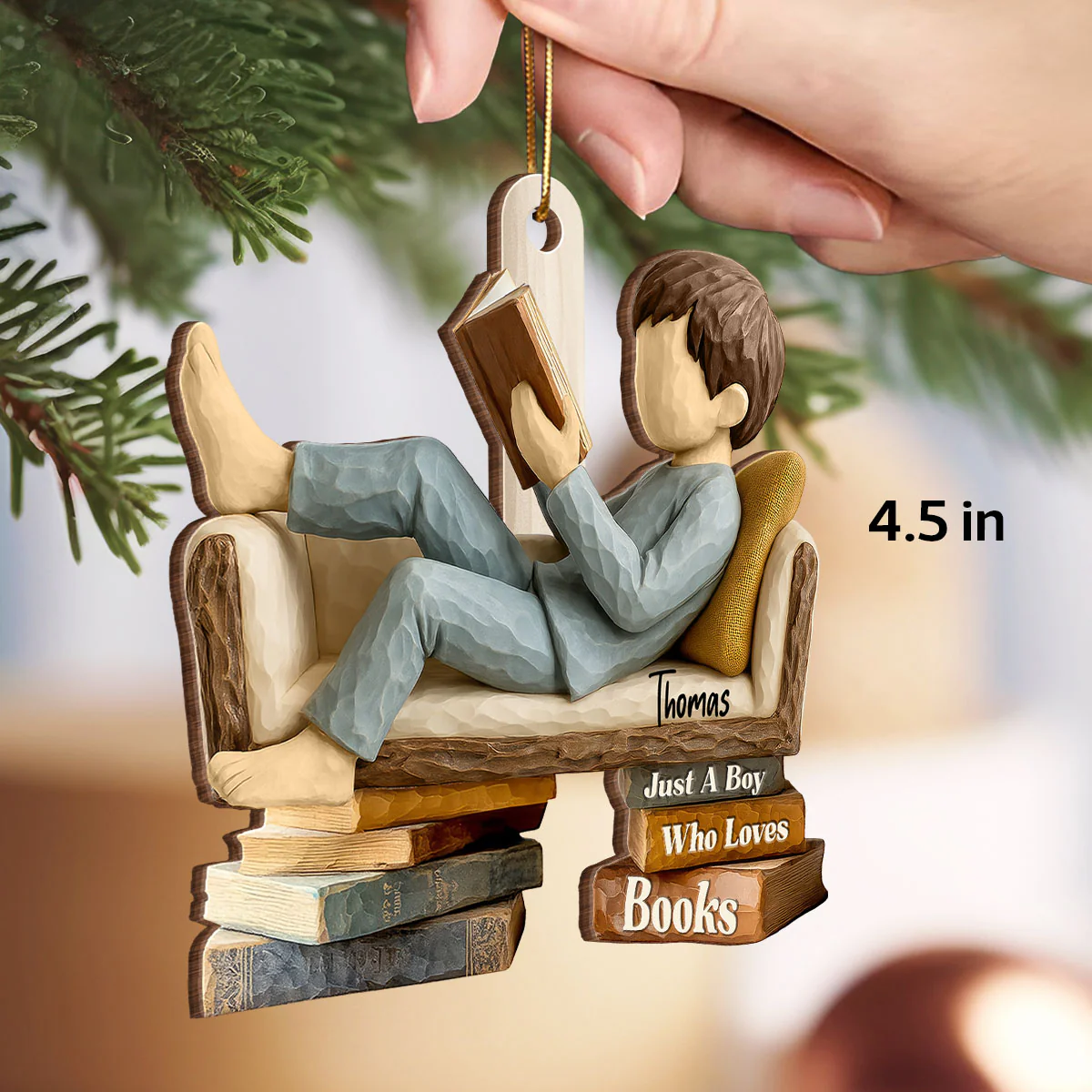 Book Lover Reading Book On Sofa 3D Effect - Personalized Wooden Ornament - Christmas Gift For Book Lover, Bookworm - Image 3