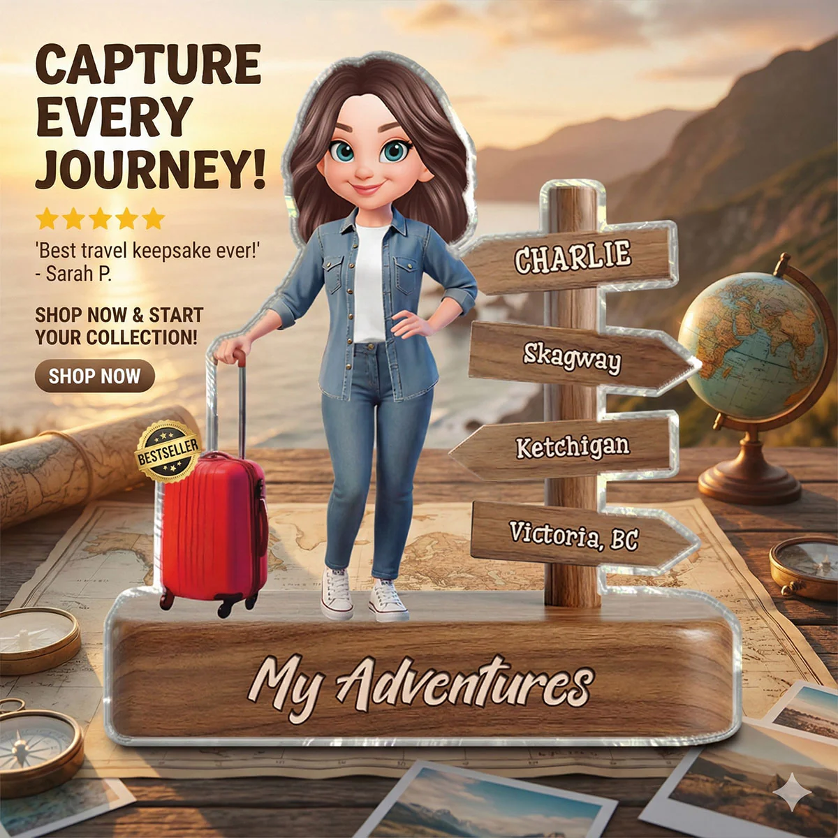Man Woman Travel Adventures Traveling Destination 2D Flat - Personalized Acrylic Block Plaque - Gift for Travelers - Image 4
