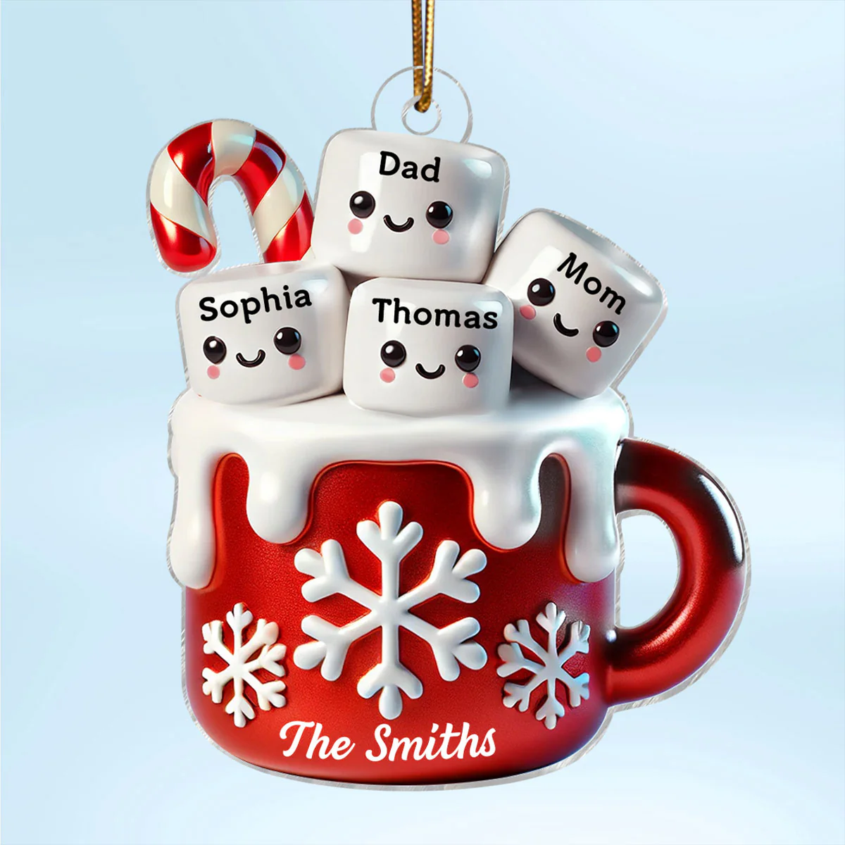 3D Effect Marshmallow Hot Cocoa Family Christmas Personalized Acrylic Ornament - Image 2