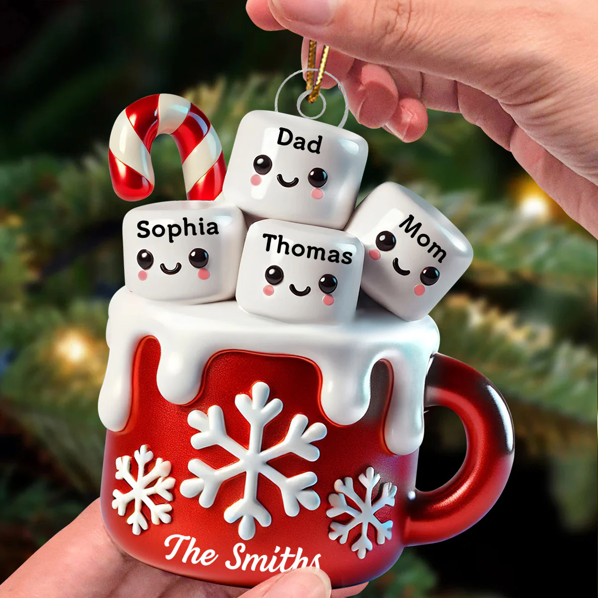 3D Effect Marshmallow Hot Cocoa Family Christmas Personalized Acrylic Ornament - Image 3