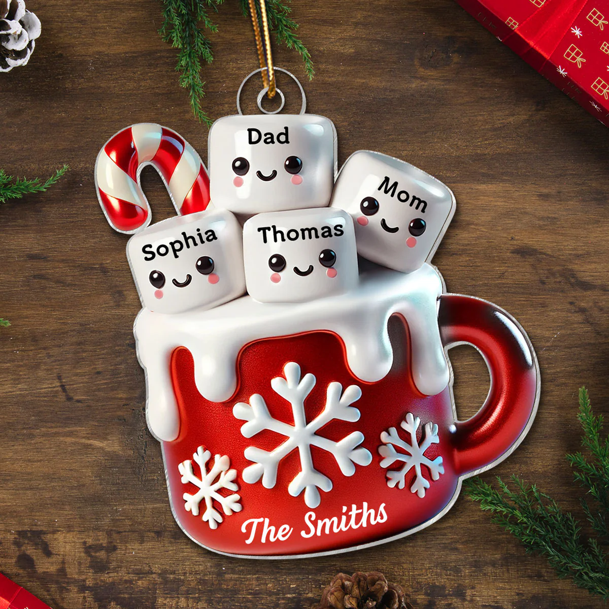 3D Effect Marshmallow Hot Cocoa Family Christmas Personalized Acrylic Ornament - Image 4
