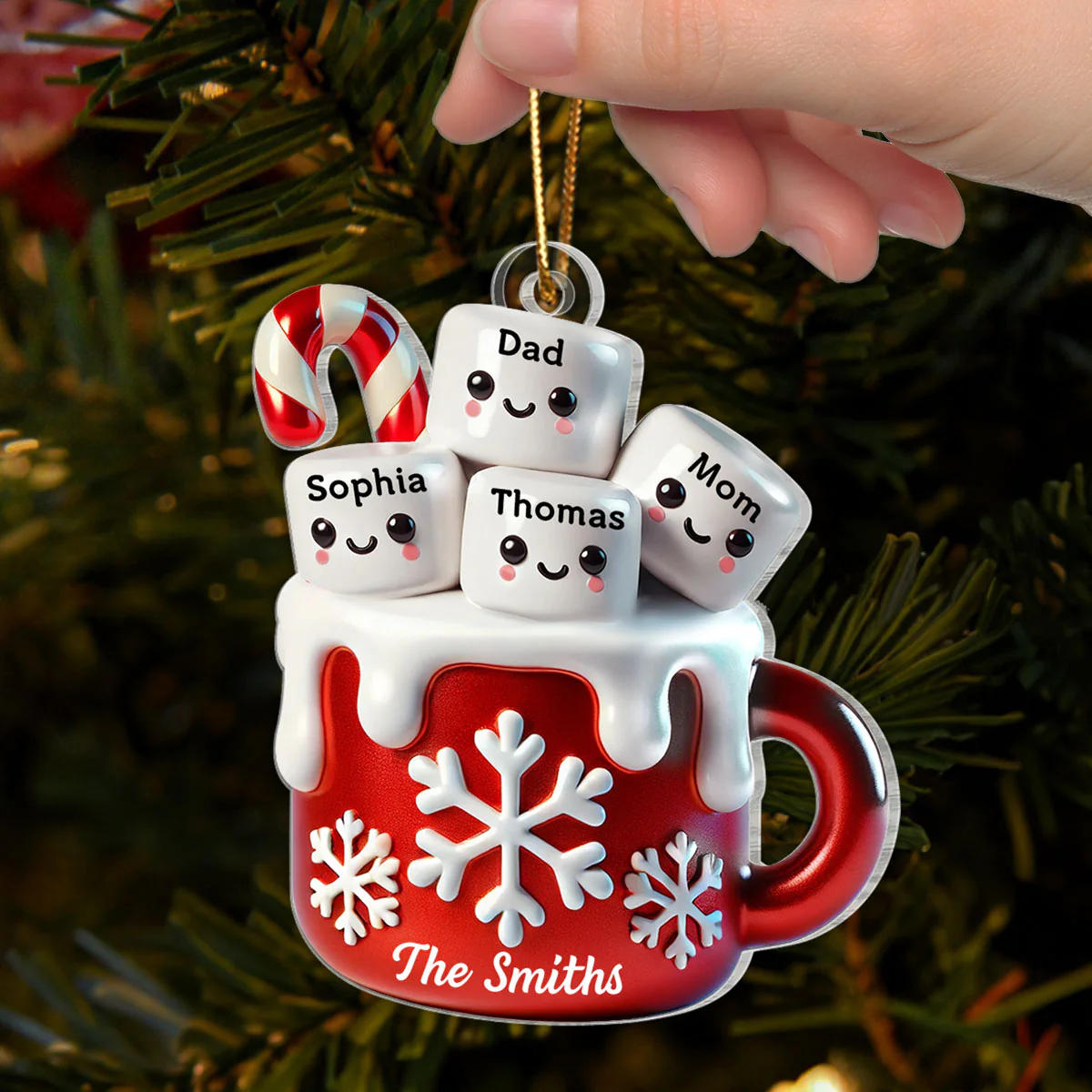 3D Effect Marshmallow Hot Cocoa Family Christmas Personalized Acrylic Ornament - Image 5