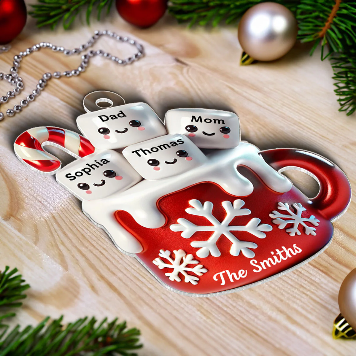 3D Effect Marshmallow Hot Cocoa Family Christmas Personalized Acrylic Ornament - Image 6