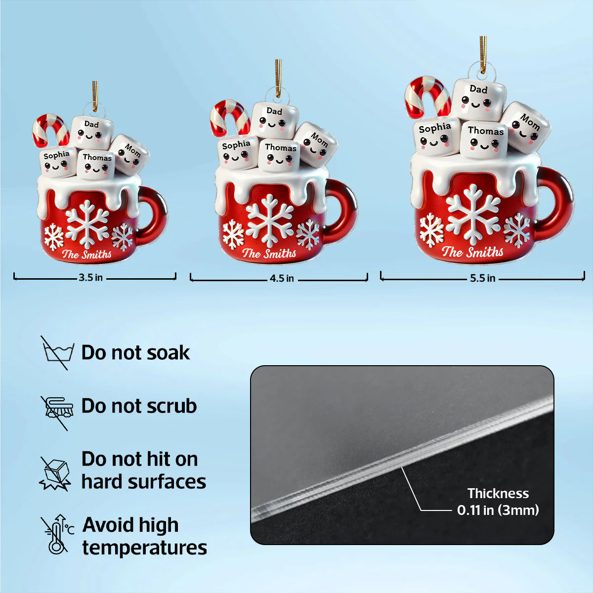 3D Effect Marshmallow Hot Cocoa Family Christmas Personalized Acrylic Ornament - Image 7