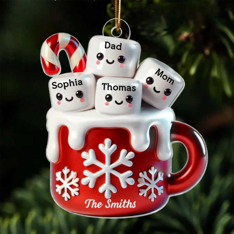 3D Effect Marshmallow Hot Cocoa Family Christmas Personalized Acrylic Ornament - Image 8