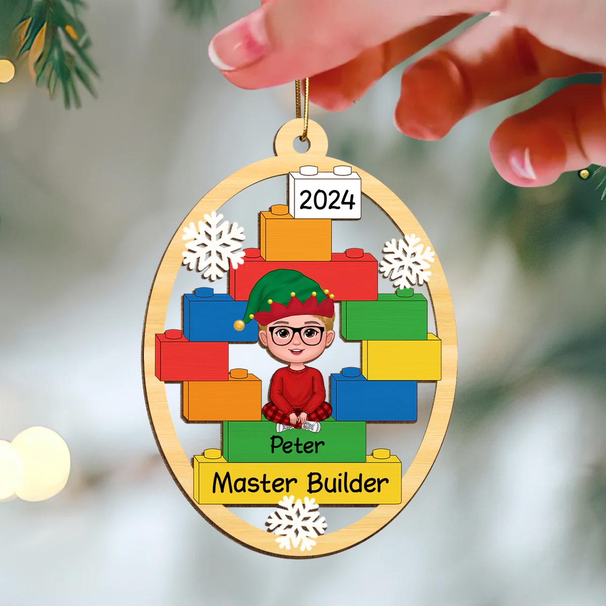 Master Builder Kid Boy Girl Personalized Christmas Wooden Ornament - Image 3