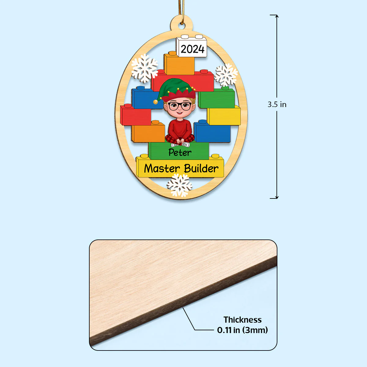 Master Builder Kid Boy Girl Personalized Christmas Wooden Ornament - Image 4