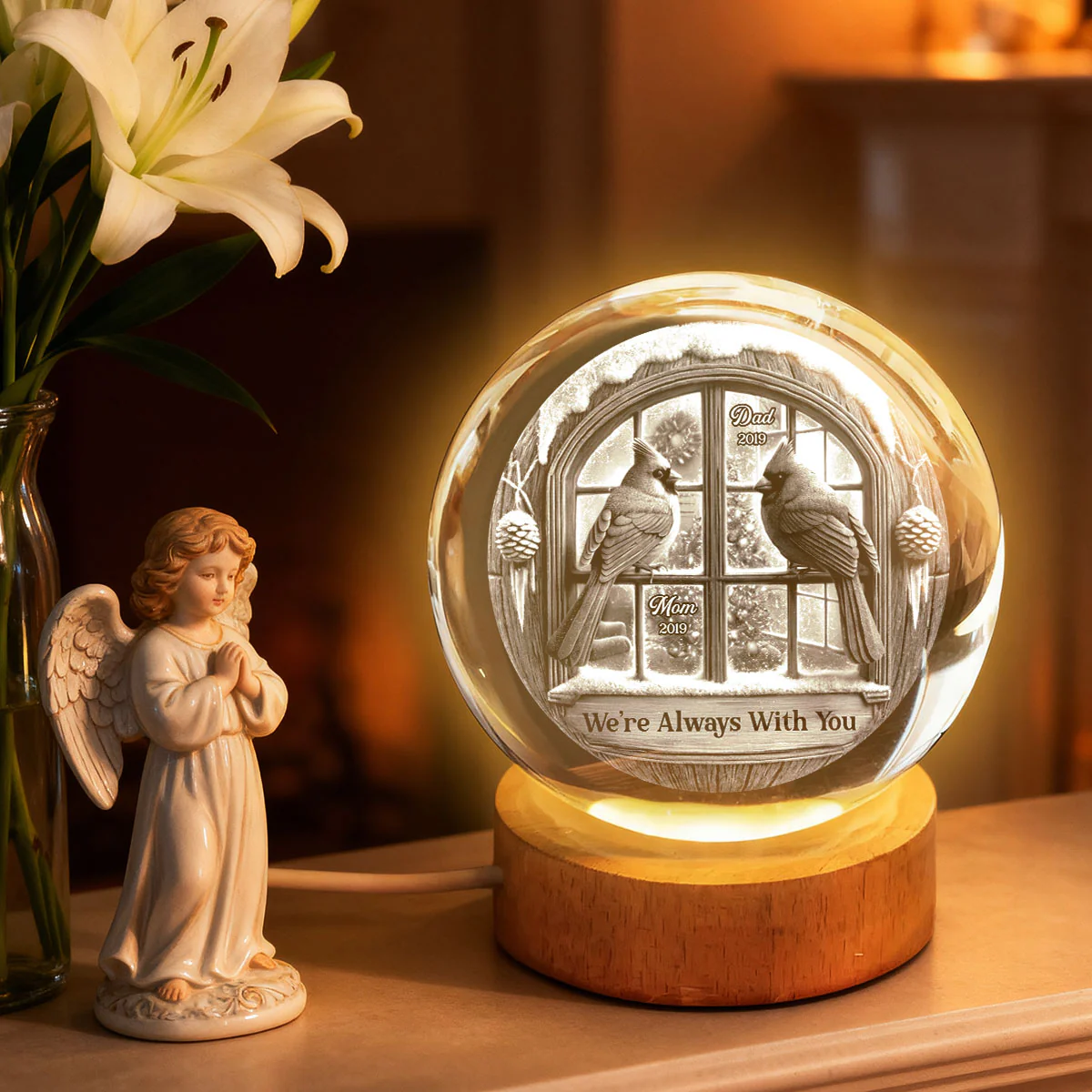 Memorial Cardinal Outside Window - Personalized Crystal Ball LED Night Light - Memorial Sympathy Gift - Image 2