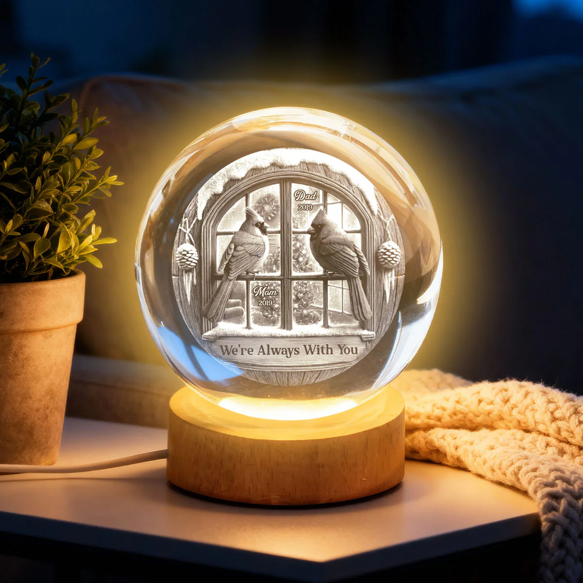 Memorial Cardinal Outside Window - Personalized Crystal Ball LED Night Light - Memorial Sympathy Gift - Image 5