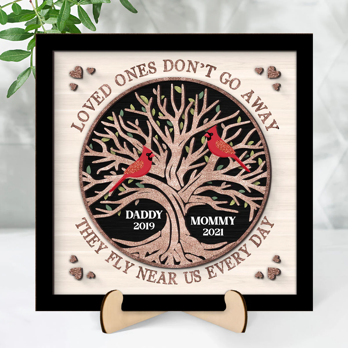 Memorial Cardinals Glitter Tree Personalized 2-layer Wooden Plaque - Image 2