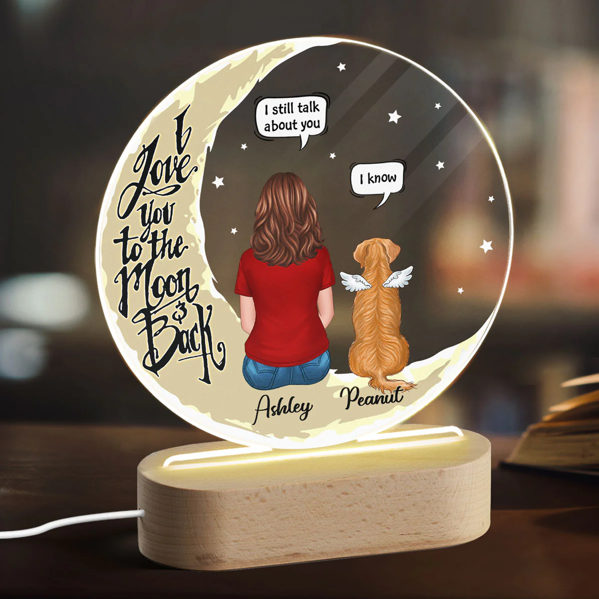 Memorial Dog On Yellow Moon Personalized Circle Acrylic LED Lamp Night Light - Image 3