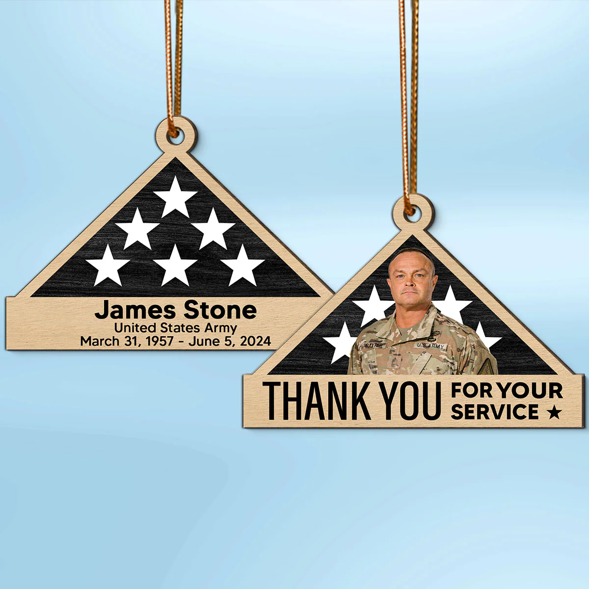 Memorial Honor Sympathy Gift Folded Flag Photo Inserted Personalized Double-Sided Wooden Ornament - Image 2