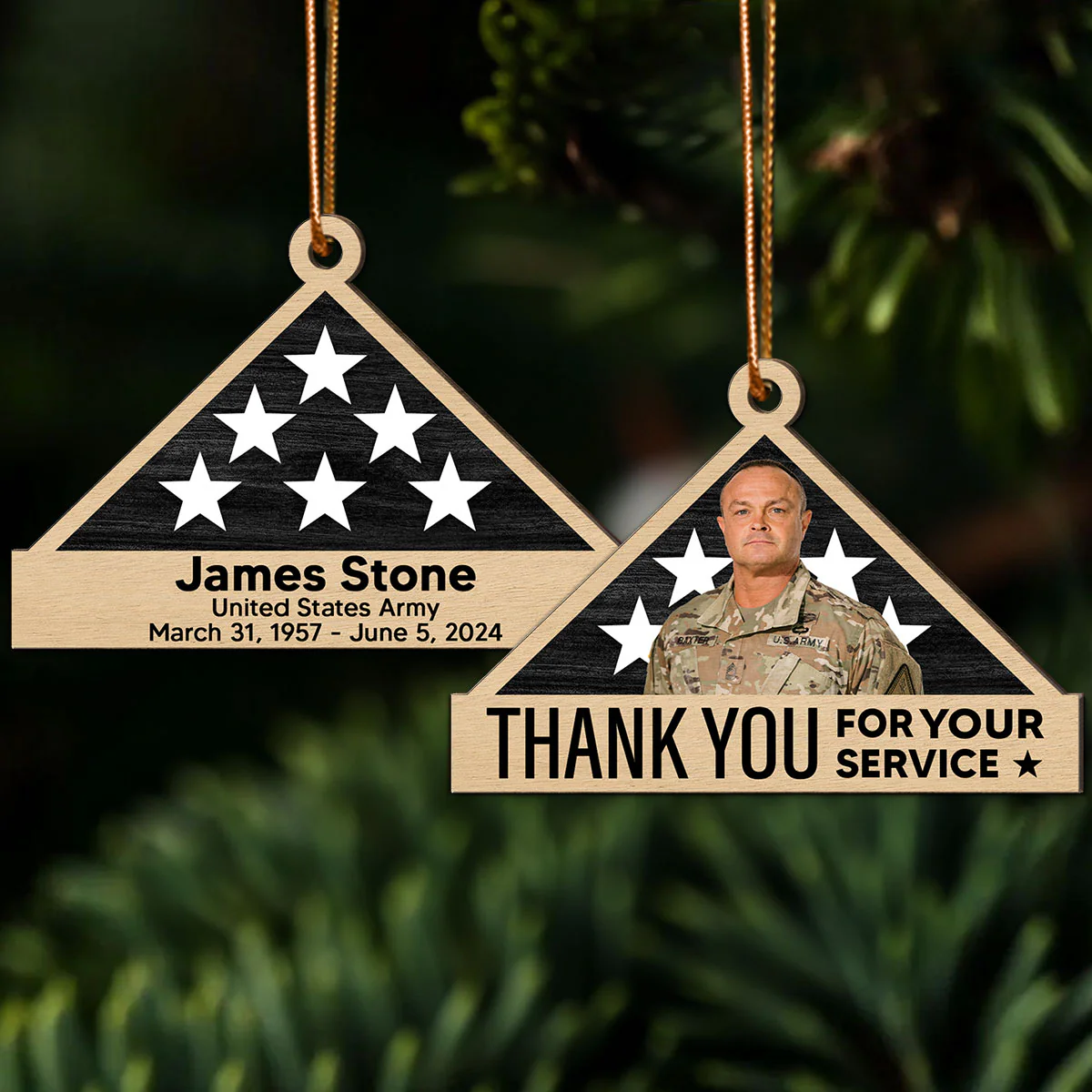 Memorial Honor Sympathy Gift Folded Flag Photo Inserted Personalized Double-Sided Wooden Ornament - Image 3