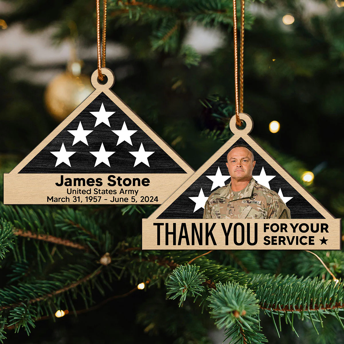 Memorial Honor Sympathy Gift Folded Flag Photo Inserted Personalized Double-Sided Wooden Ornament - Image 5