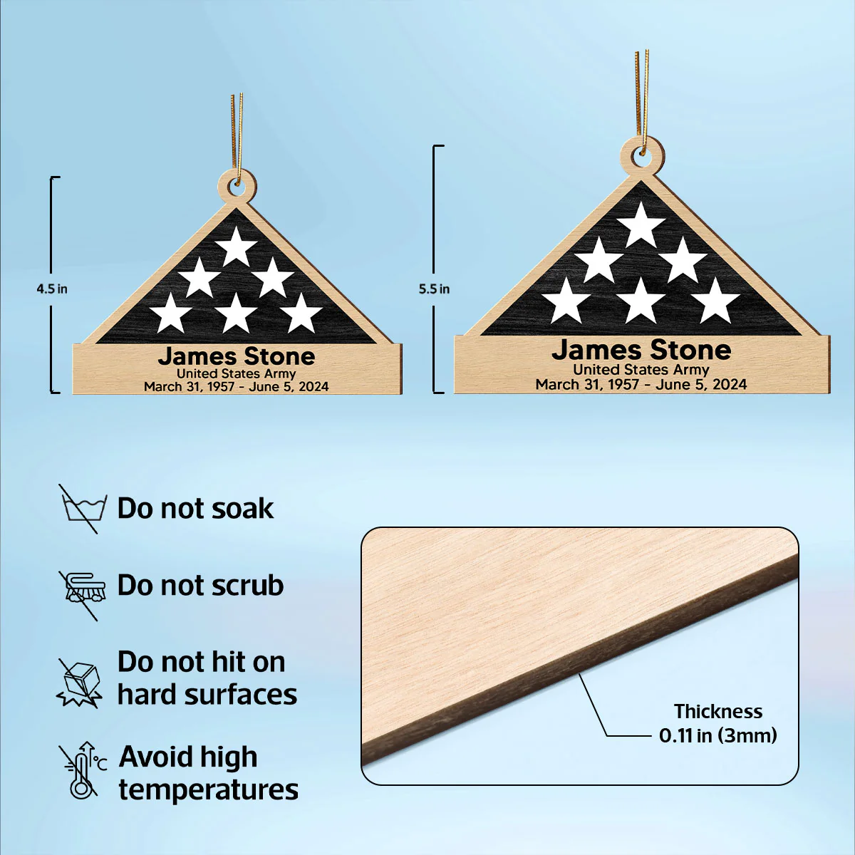 Memorial Honor Sympathy Gift Folded Flag Photo Inserted Personalized Double-Sided Wooden Ornament - Image 8