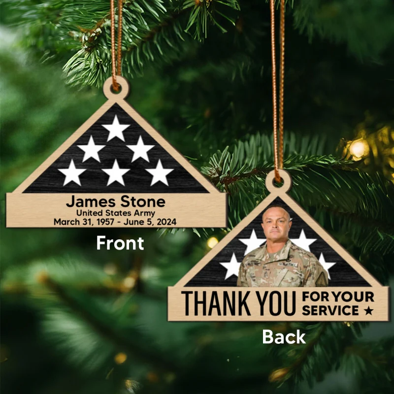Memorial Honor Sympathy Gift Folded Flag Photo Inserted Personalized Double-Sided Wooden Ornament - Image 9