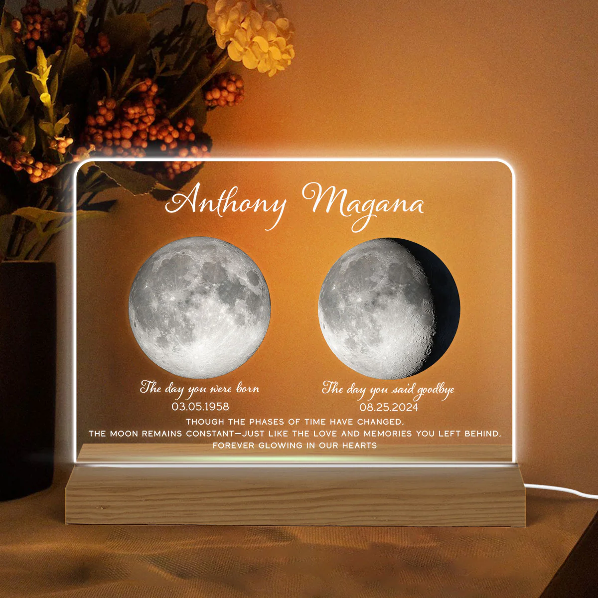Memorial Keepsake Lost Loved One Moon Phase Art Sympathy Gift Personalized Acrylic Plaque With LED Night Light - Image 3