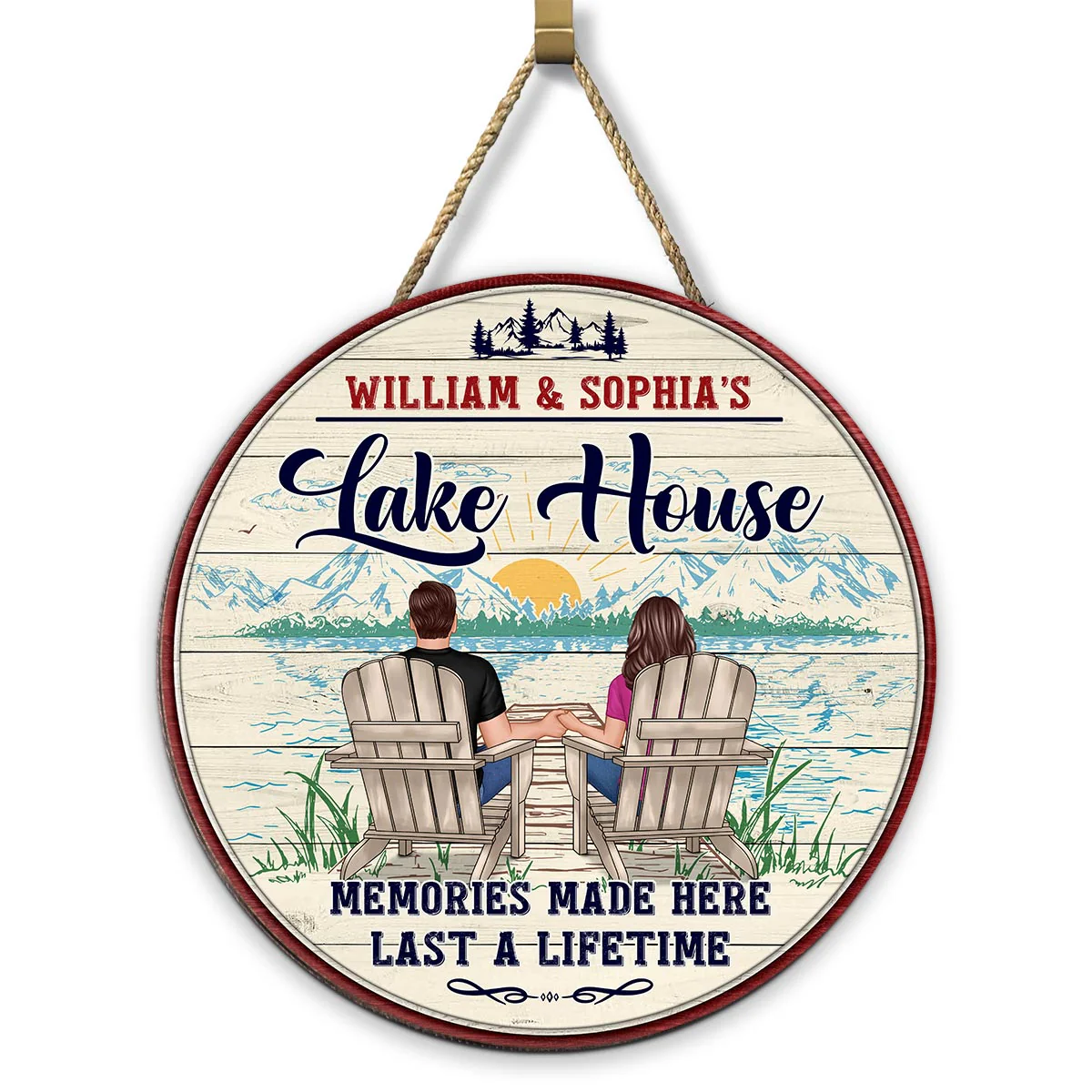 Memories Made Lake House Couple Sitting Personalized Wood Sign