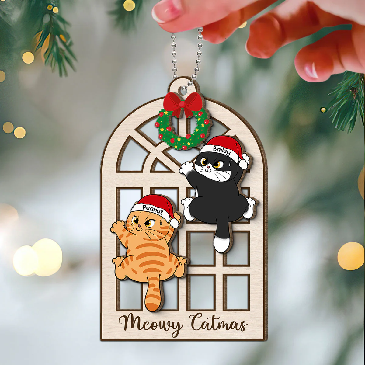 Meowy Catmas Cats Climb Window Personalized 2-Layer Wooden Ornament - Image 3