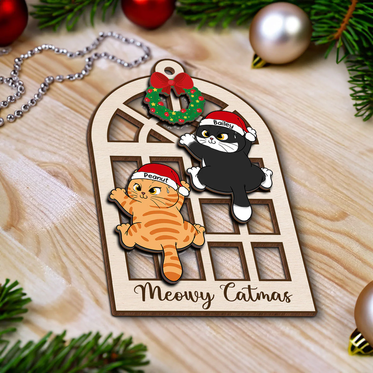 Meowy Catmas Cats Climb Window Personalized 2-Layer Wooden Ornament - Image 4
