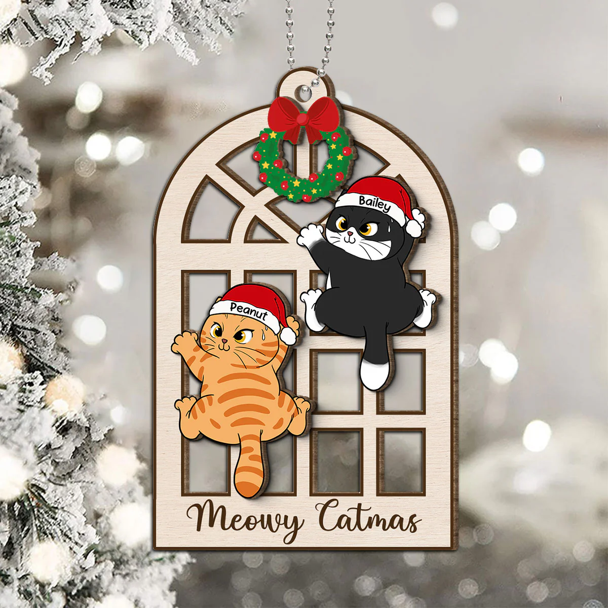 Meowy Catmas Cats Climb Window Personalized 2-Layer Wooden Ornament - Image 5