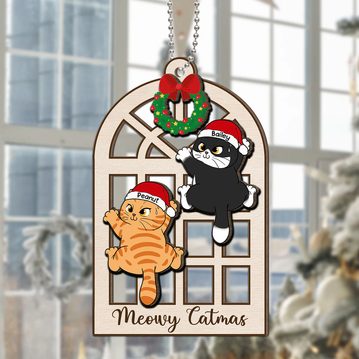 Meowy Catmas Cats Climb Window Personalized 2-Layer Wooden Ornament - Image 7