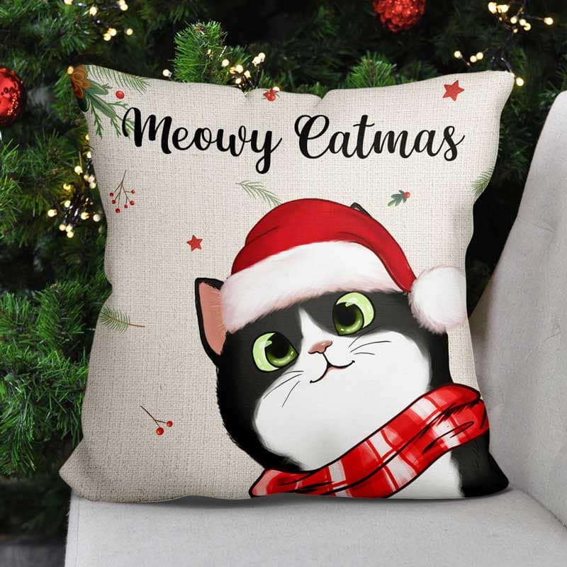 Meowy Catmas Cute Peeking Fluffy Cat Personalized Pillow (Insert Included) - Image 2