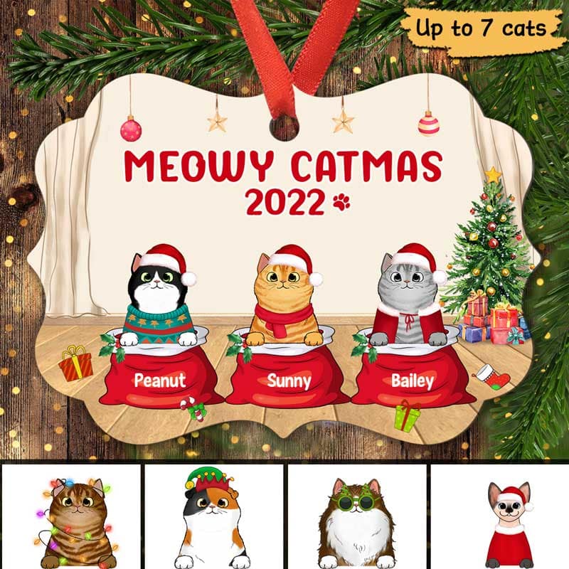 Meowy Catmas Fluffy Cat In Santa Sack Personalized Christmas Ornament - Image 2