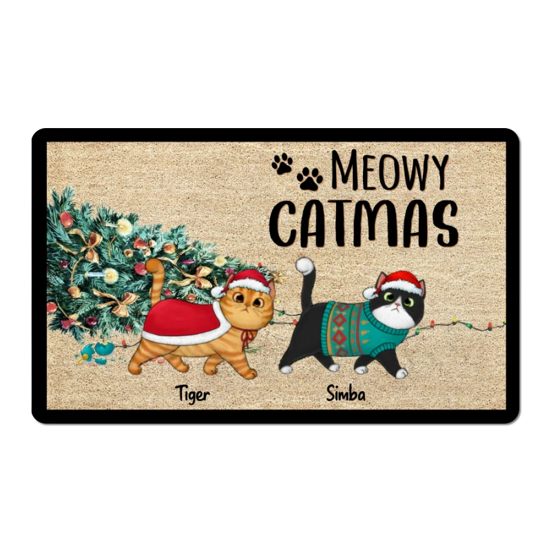 Meowy Catmas Knocked Over Christmas Tree Personalized Doormat - Image 2