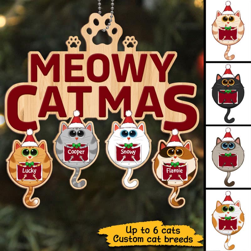 Meowy Catmas Round Fluffy Cat Personalized Christmas Wooden Ornament - Image 2