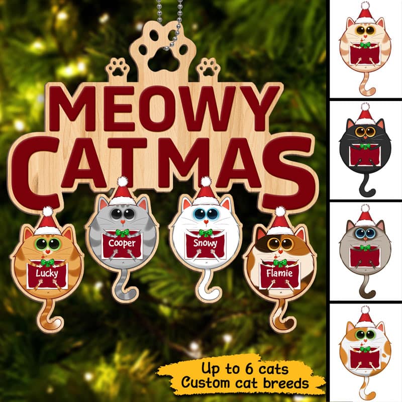 Meowy Catmas Round Fluffy Cat Personalized Christmas Wooden Ornament - Image 3