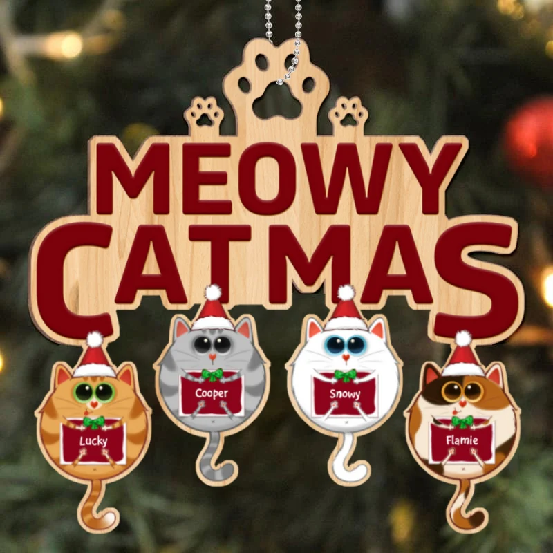 Meowy Catmas Round Fluffy Cat Personalized Christmas Wooden Ornament - Image 4