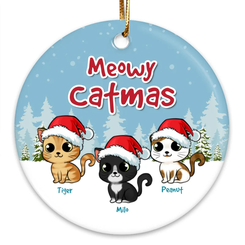 Meowy Catmas Snow Cute Fluffy Cat Personalized Circle Ornament - Image 3