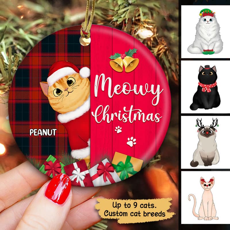 Meowy Christmas Checkered Pattern Personalized Circle Ornament - Image 2
