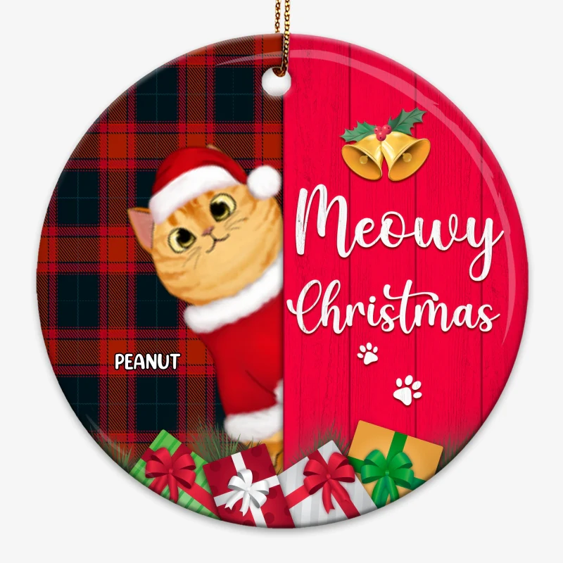 Meowy Christmas Checkered Pattern Personalized Circle Ornament - Image 3