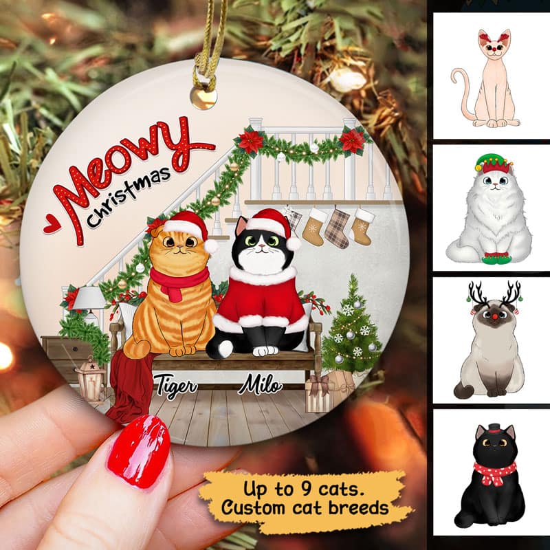 Meowy Christmas Fluffy Cats Stairs Personalized Circle Ornament - Image 2