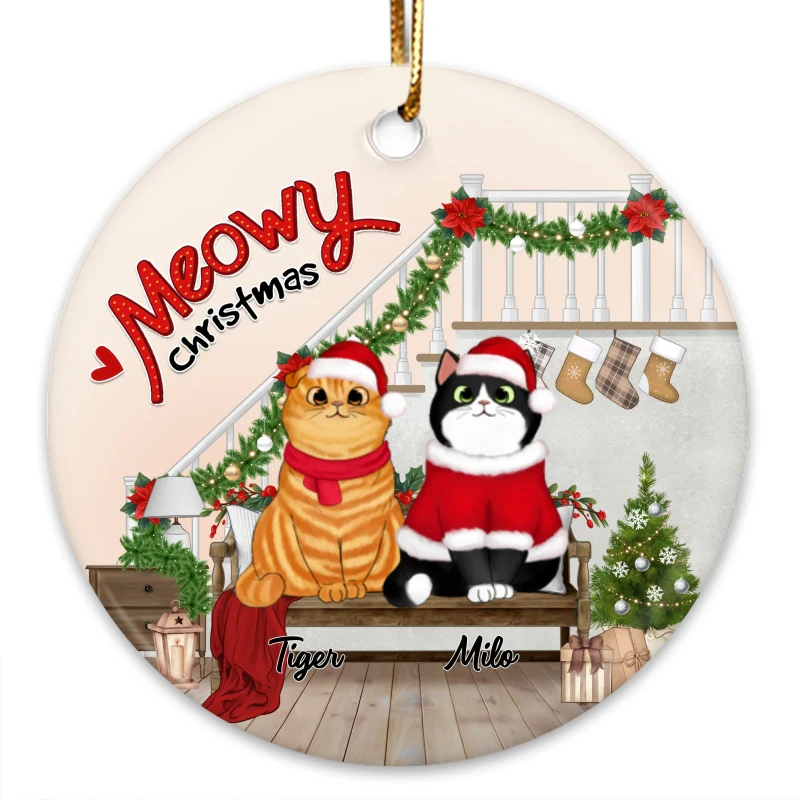 Meowy Christmas Fluffy Cats Stairs Personalized Circle Ornament - Image 3