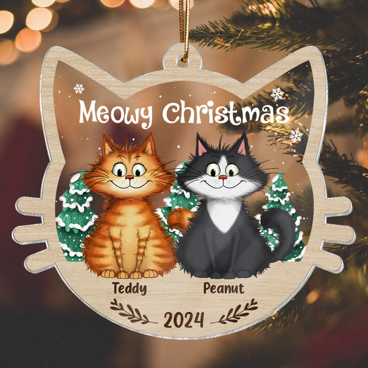 Meowy Christmas Quirky Cats Personalized Cat Face Shaped Acrylic Ornament