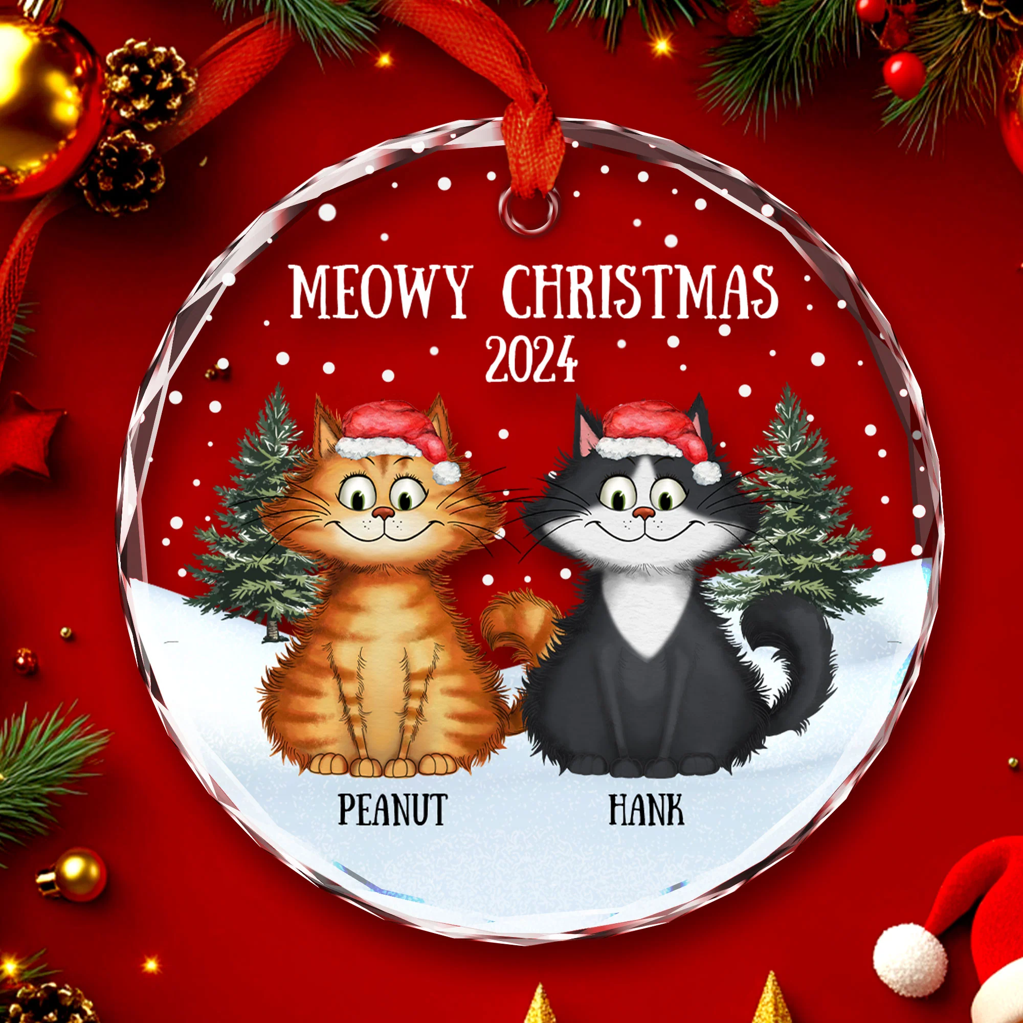 Meowy Christmas Winter Realistic Theme Quirky Cats Personalized Glass Ornament - Image 4