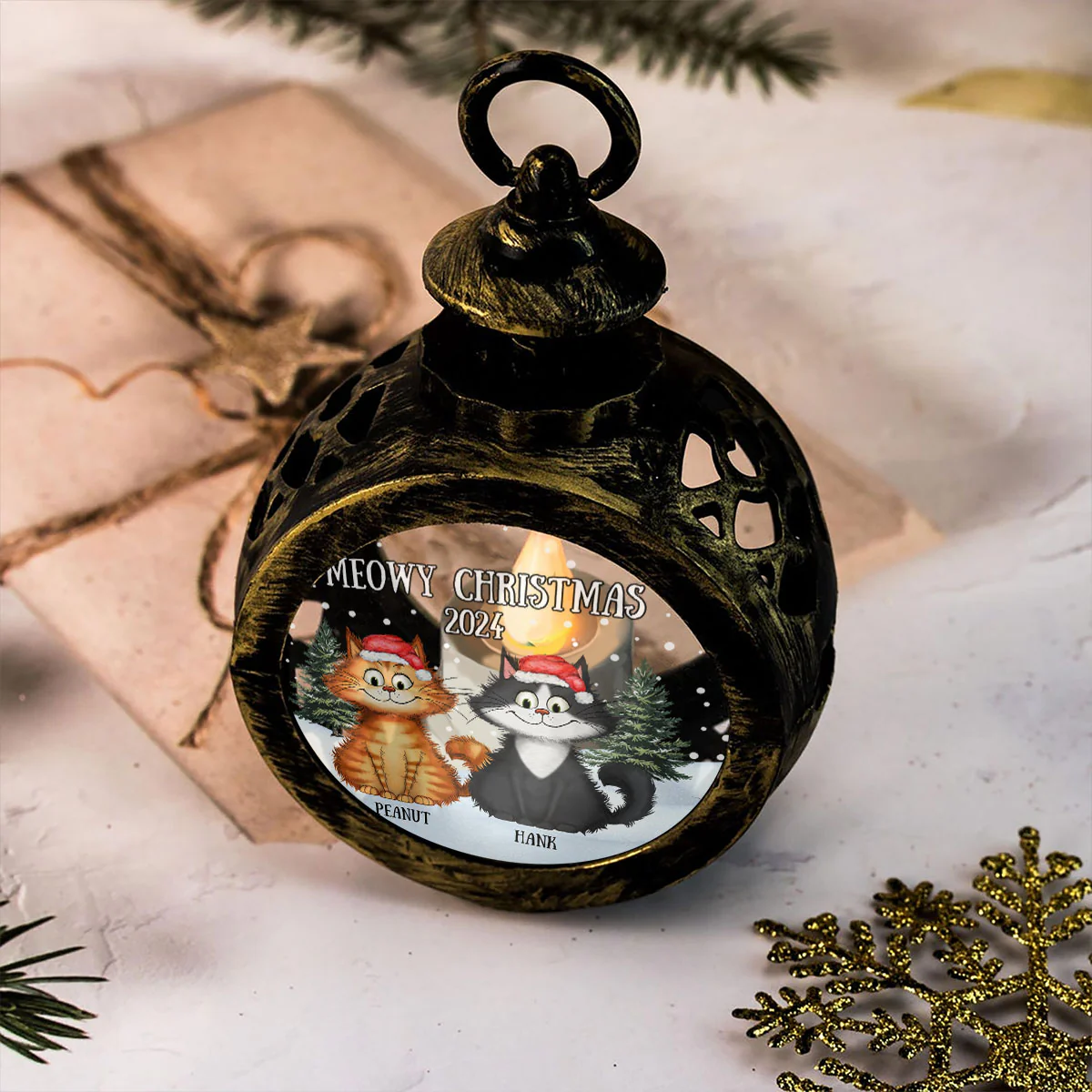 Meowy Christmas Winter Realistic Theme Quirky Cats Personalized Lantern Ornament - Image 4
