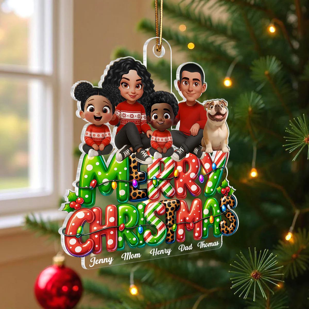 Merry Christmas 2025 Family Sitting on Text Personalized Acrylic Ornament, Christmas Gift for Husband, Wife, Kid - Image 3
