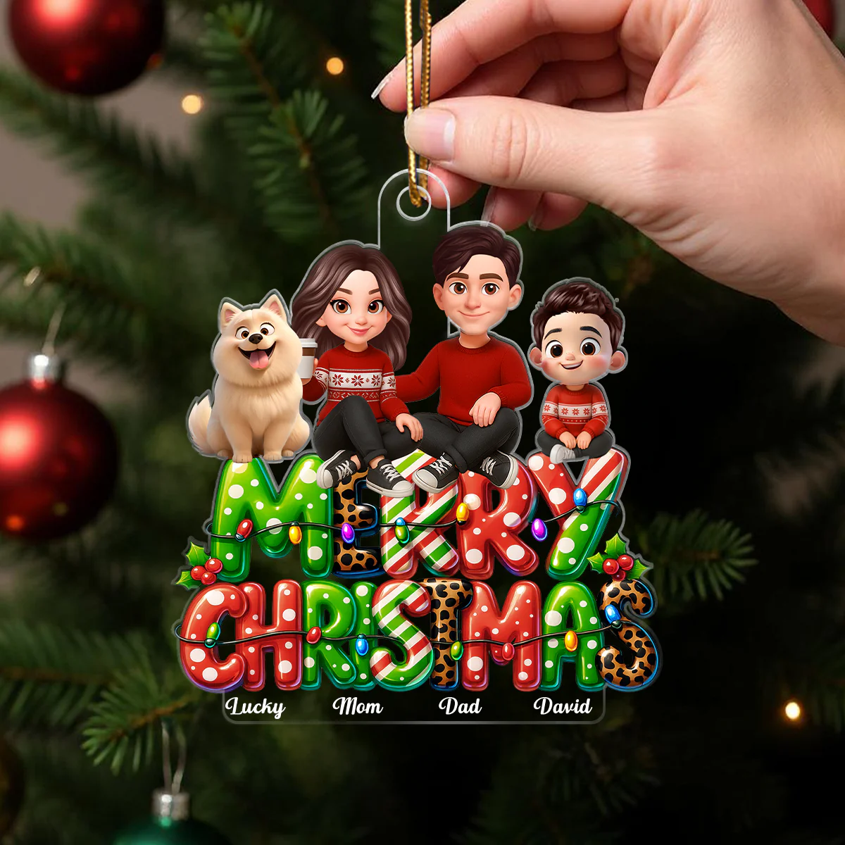 Merry Christmas 2025 Family Sitting on Text Personalized Acrylic Ornament, Christmas Gift for Husband, Wife, Kid - Image 4