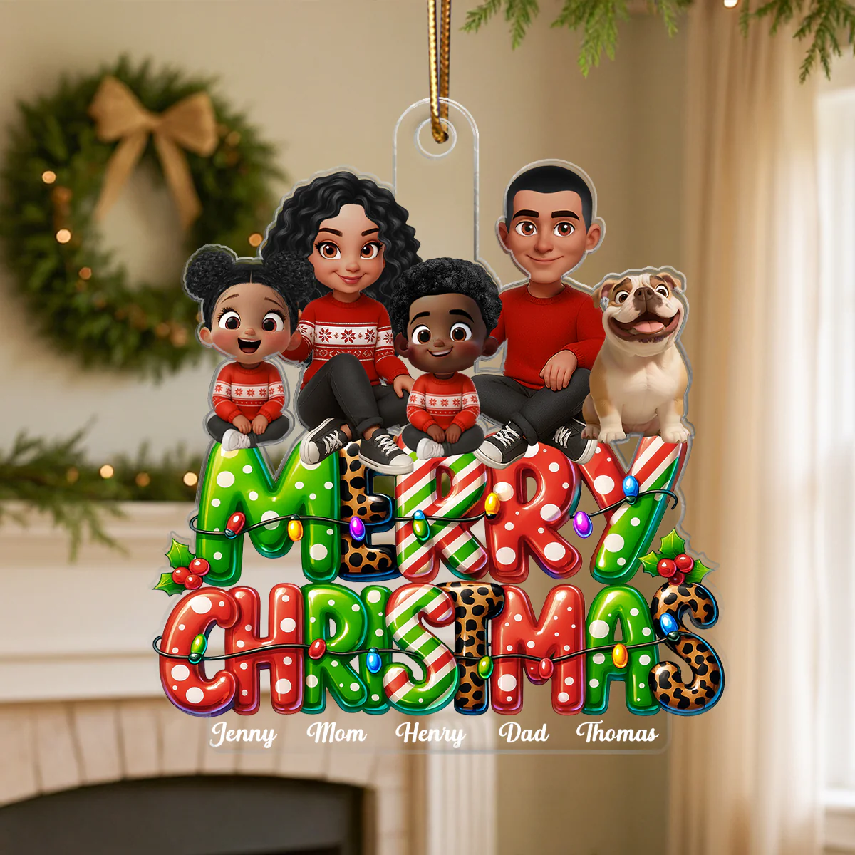 Merry Christmas 2025 Family Sitting on Text Personalized Acrylic Ornament, Christmas Gift for Husband, Wife, Kid - Image 5