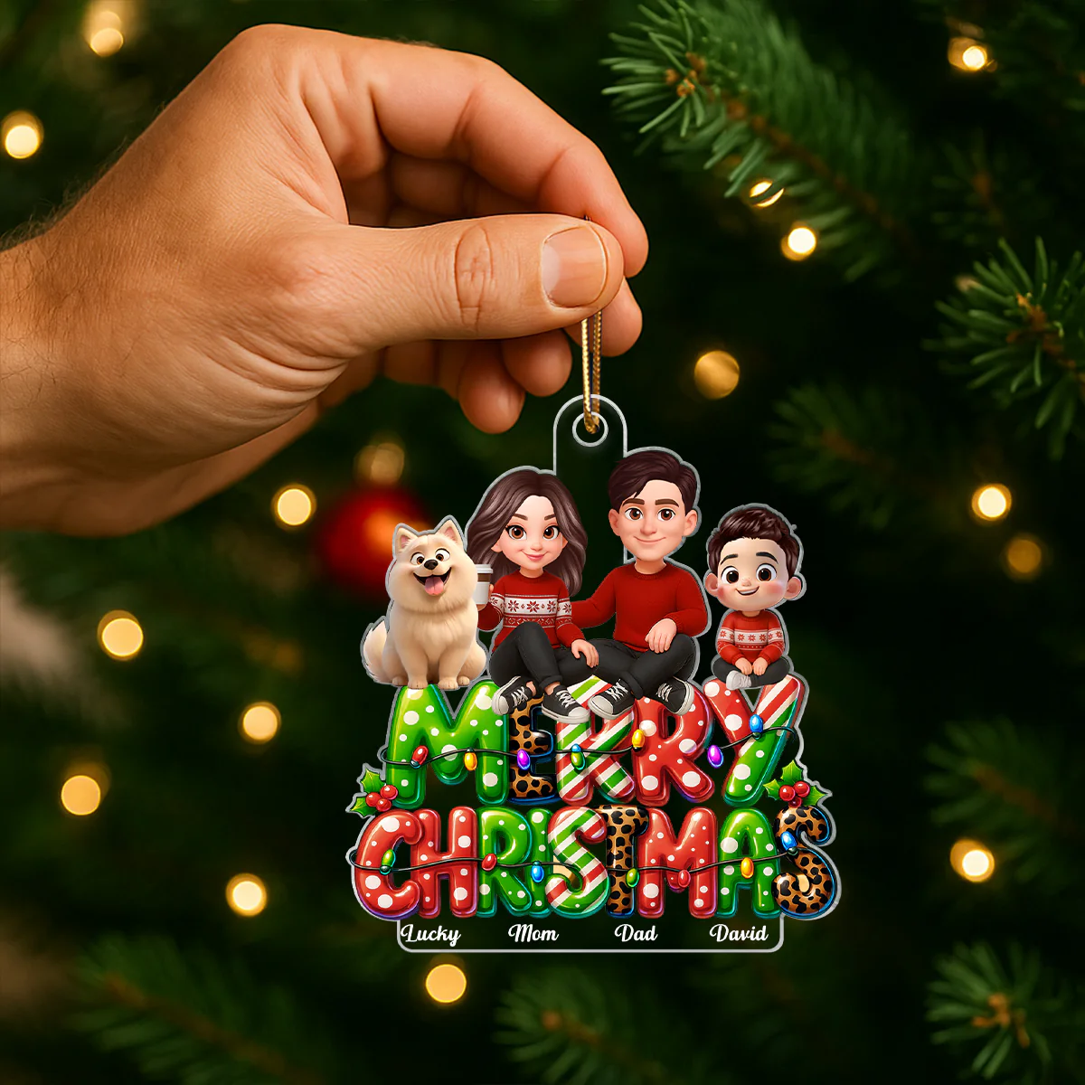 Merry Christmas 2025 Family Sitting on Text Personalized Acrylic Ornament, Christmas Gift for Husband, Wife, Kid - Image 6