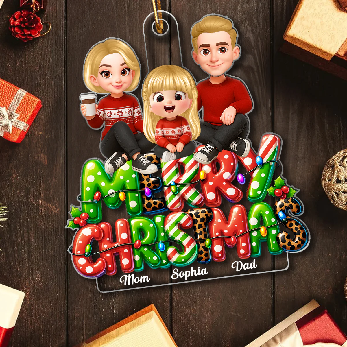 Merry Christmas 2025 Family Sitting on Text Personalized Acrylic Ornament, Christmas Gift for Husband, Wife, Kid - Image 7